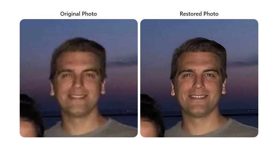 Comparison image of a blurry photo and a clear photo after restoration using RestorePhotos.io. The blurry photo shows a person looking at the camera, and the restored photo shows the same person with much clearer details and sharpness. 