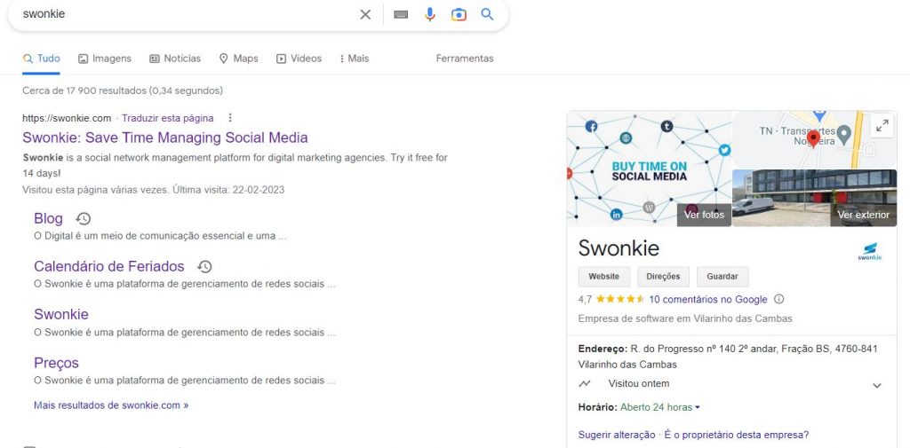 Captura de ecrã do perfil de negócio do Swonkie no Google, a aparecer numa página de resultados do motor de pesquisa (SERP), mostrando o logotipo da empresa, endereço, número de telefone, avaliações e outras informações. 