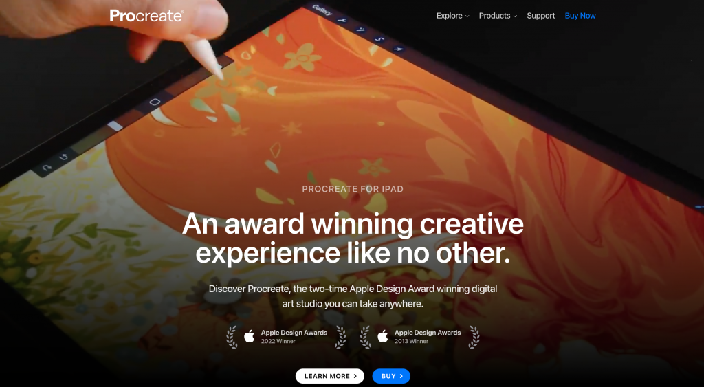 Image of the landing page in Procreate landing page that shows a bakcground image of someone using the app. 