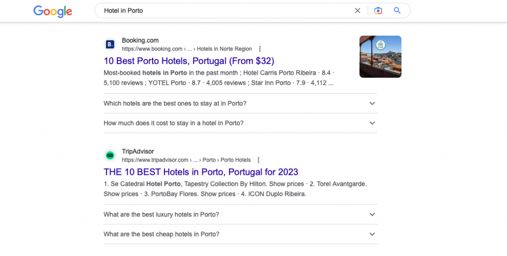 Screenshot of the Google search engine results page (SERP) showing the organic results section for the search "hotel in porto", which exemplifies the result of good SEO. 